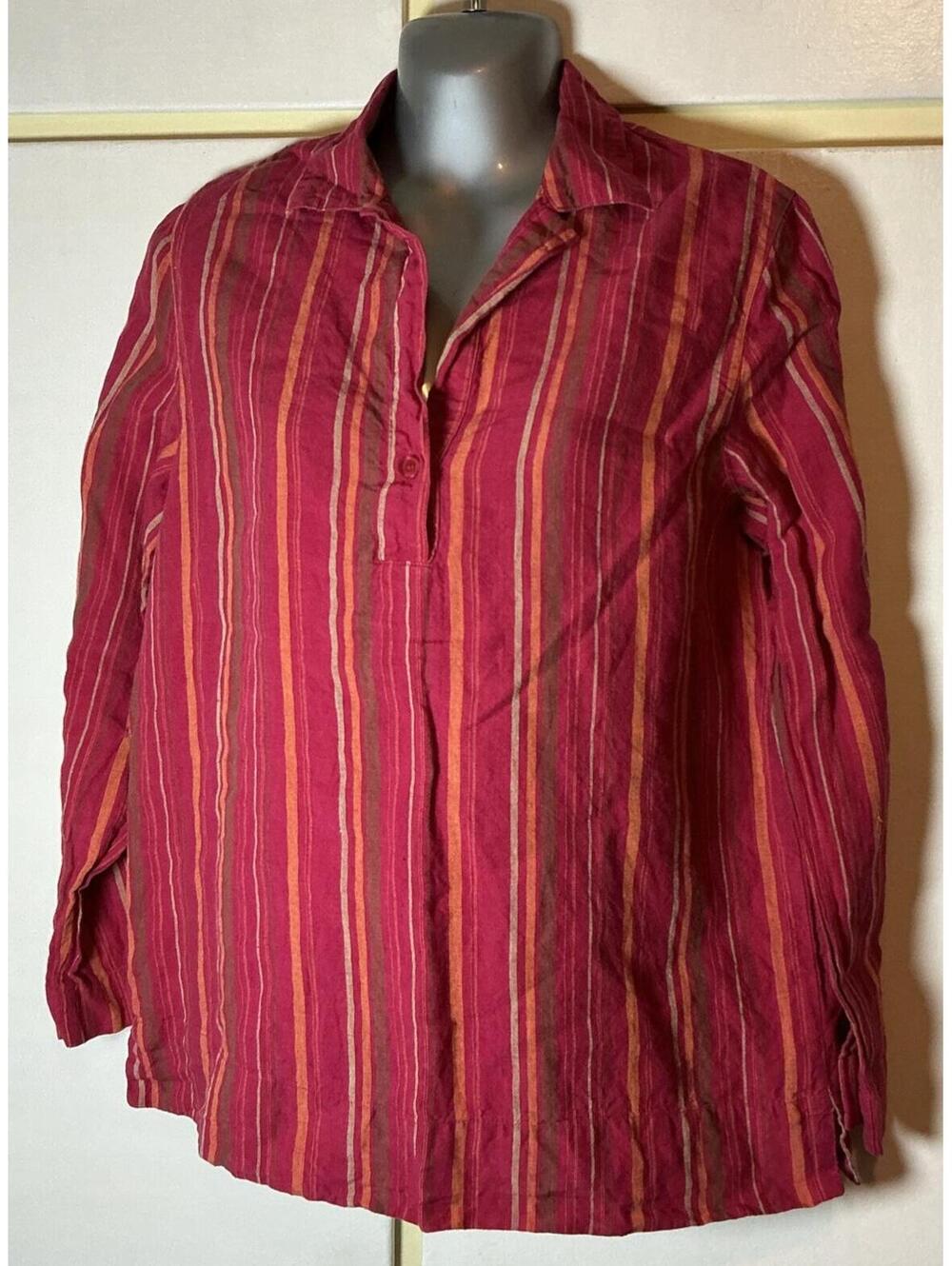 Women Top Blouse 100% Linen Tunic Button Striped Chadwicks Size 8